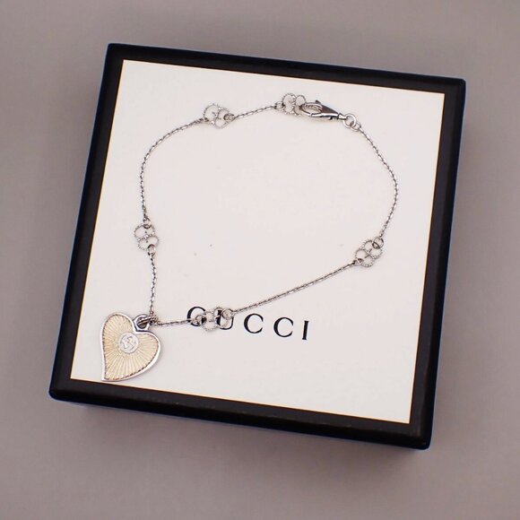 GUCCI GG Logo Heart Motif Interlocking Chain Bracelet Silver Ag 925 - Picture 1 of 14